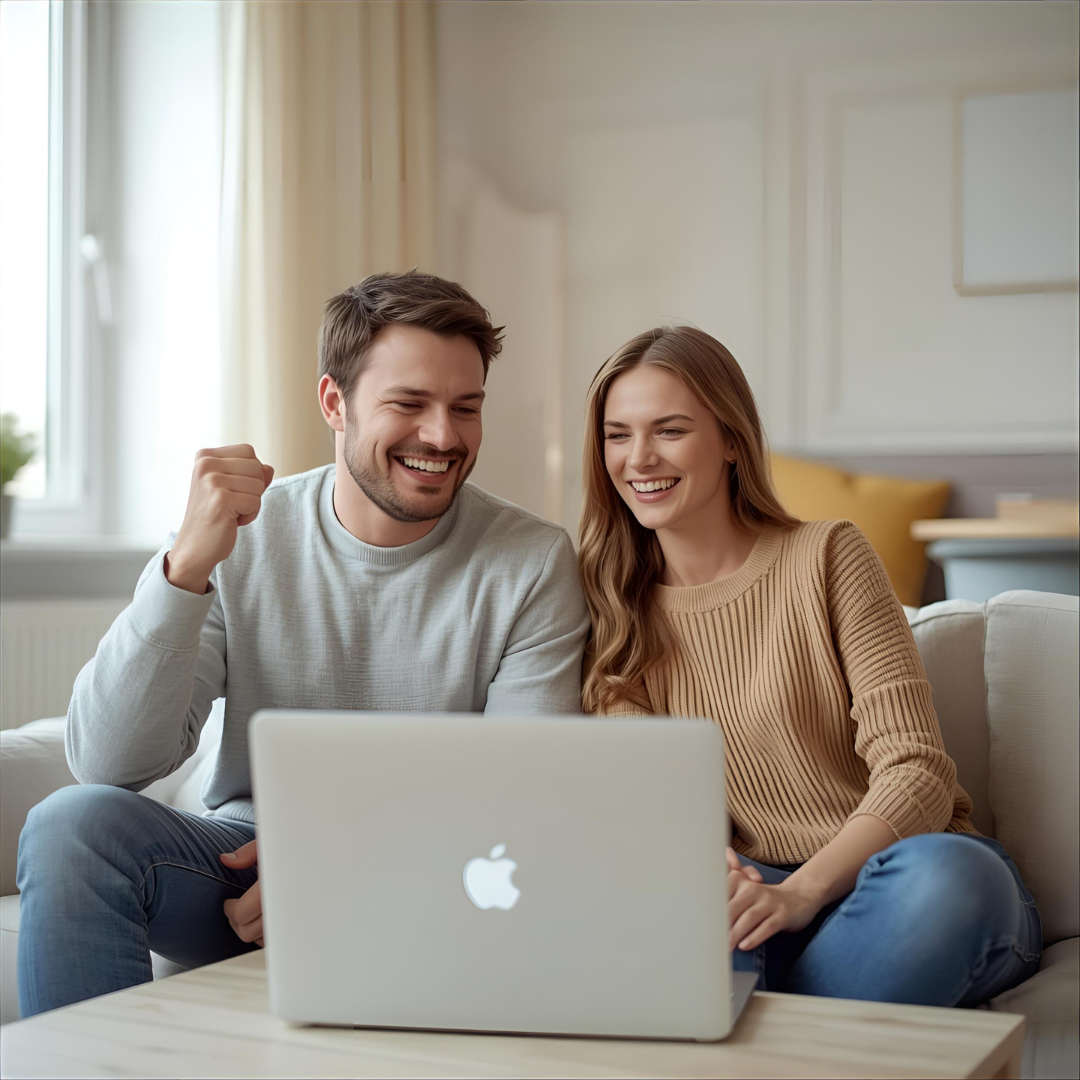 Couple gagnant une enchère immobilière en ligne